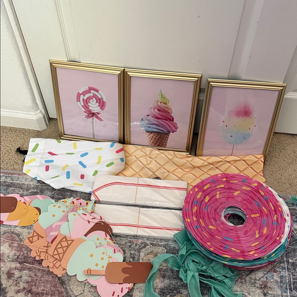 Ice Cream Party Decor Set with Gold Frames